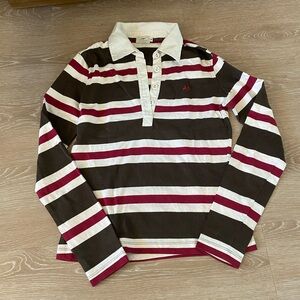 Authentic Thomas Burberry vintage Striped Long Sleeve Polo Shirt brown burgundy